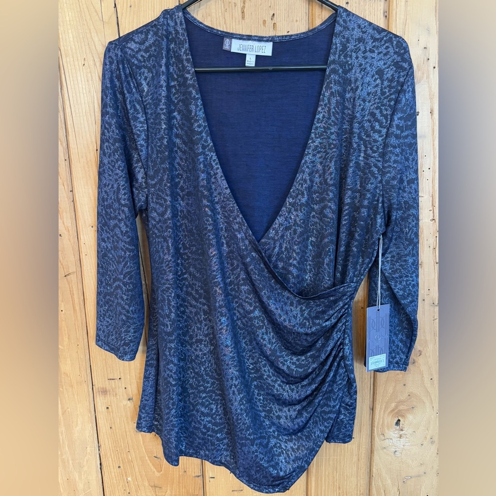 Jennifer Lopez Navy Blue Metallic Wrap-Style Blouse